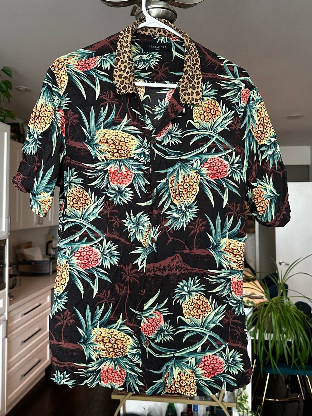 All Saints Black Pineapple Print Short-Sleeve Button-Down Shirt